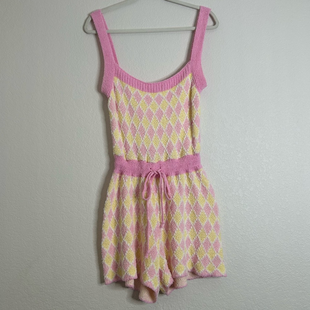 Free People Intimately Pink and Yellow Argyle Knit Romper